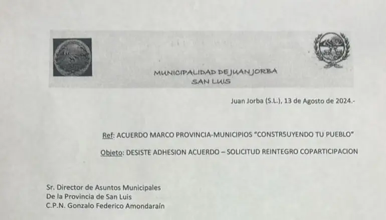 El Municipio de Juan Jorba renunció al plan “Construyendo con tu Pueblo”